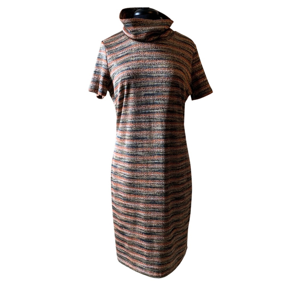 CHETTA B Knit Dress Striped Turtleneck Size 14 Rust Tan NWT